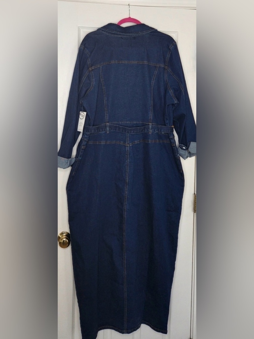Classic Dark Blue Denim Shirt Dress with Waist Tie - Picture 2 of 4